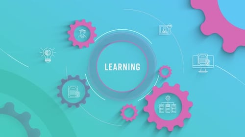 Animated Learning Process with Technology Icons and Rotating Gears
