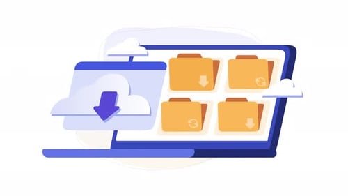 Download files animation cloud storage and folders for organization. Perfect for tech, and cloud.