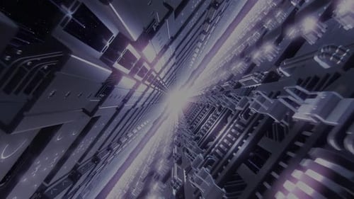 Un paysage urbain futuriste converge vers une lumière vive