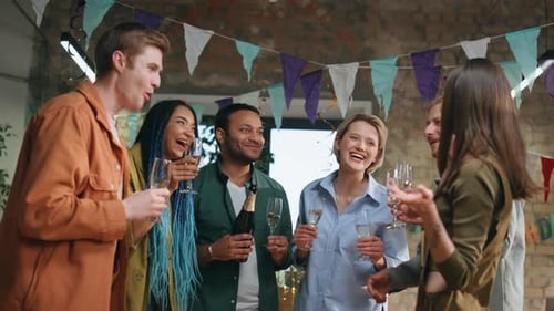 Multiracial Coworkers Talking Party in Office Happy Colleagues Team Celebrating