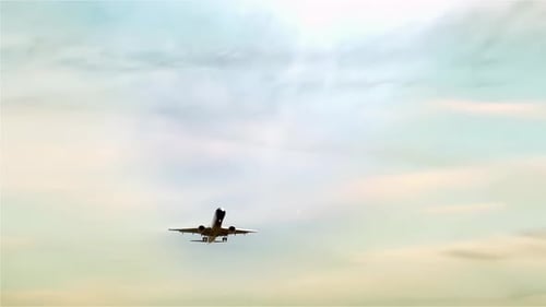 Passenger Airplane Landing Against the Sunset Sky. 4K.