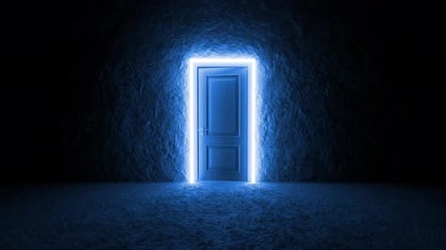Glowing rectangular door opening in dark room