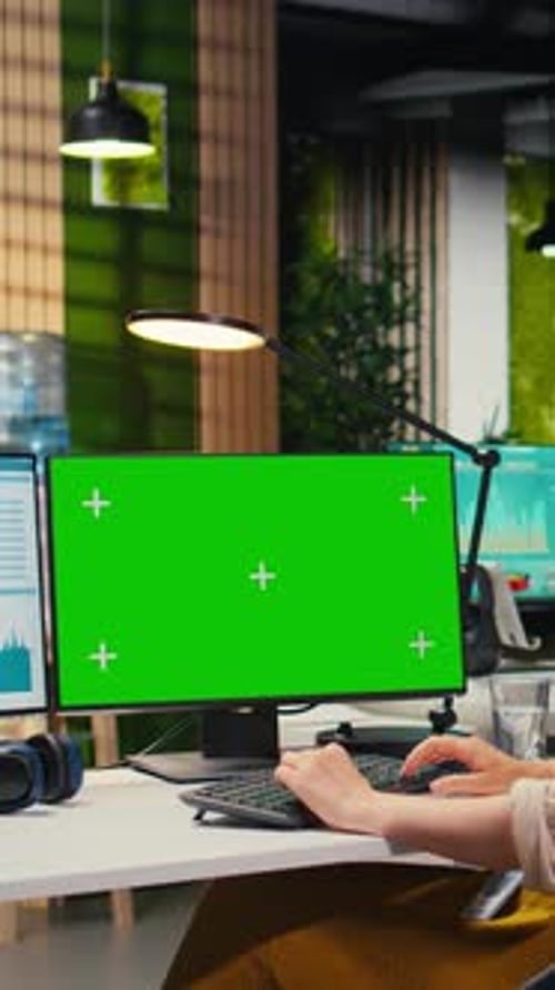 Vertical Video Woman Business Professional Examines KPI Data with Chroma Key Screen