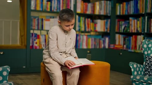 in Bookstore in the Children Area a Handsome Little Boy in Light Clothes Reads a Book