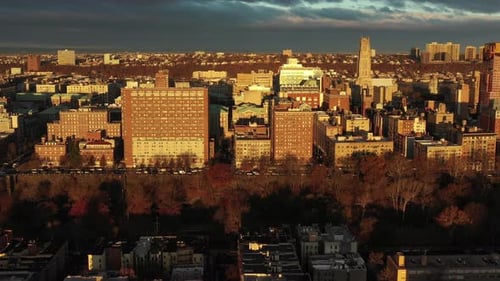 Drone approach of gorgeous Morningside Heights neighborhood in Manhattan, New York City. at Sunrise