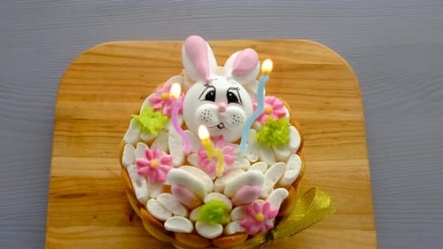 Cute Birthday Cake with Rabbit and Candles