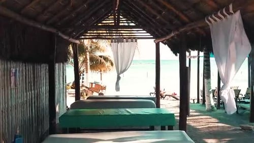 View of a tropical Caribbean beach in the Riviera Maya from a message center in Quintana Roo, Mexico