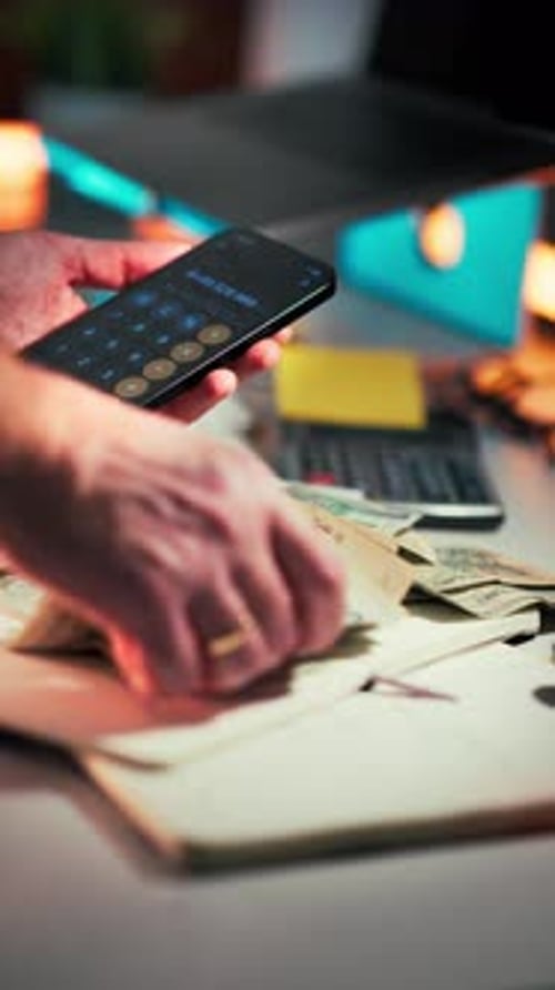 Woman Counts Money and Uses Calculator on Phone