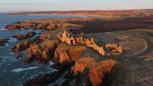 Aerial video of the ruins of Salinas Castle, north of Aberdeen, Scotland