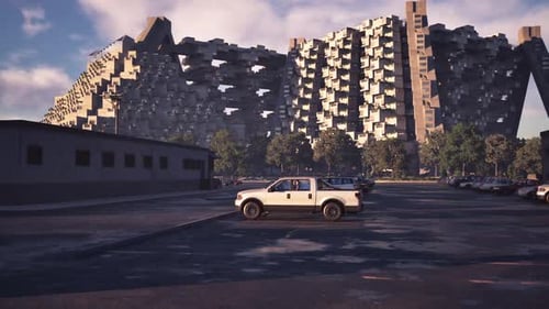 Paisaje urbano con arquitectura moderna y camión estacionado en un día soleado