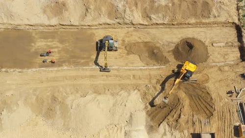 Heavy machinery works of a motorway - Highway Construction. Aerial View