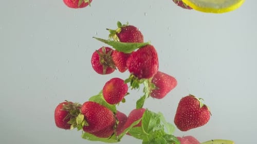 Fruits and Herbs Falling into Water