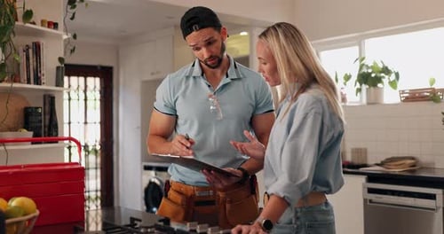 Clipboard, repair or handyman with woman in kitchen for maintenance, installation service