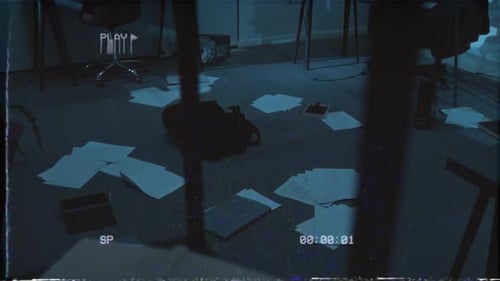 VHS of Dimly Lit Office Room Showing Business Documents Scattered around Bag