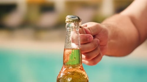 Opening Open Beer Cheers Celebration Concept Close Up Hands Holding Up Glasses of Beer of People
