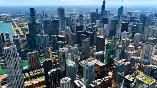 Panorama of Chicago downtown densely built with variety of beautiful buildings.