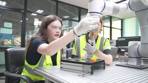 Female Engineers Work with Robotic Arm in Lab