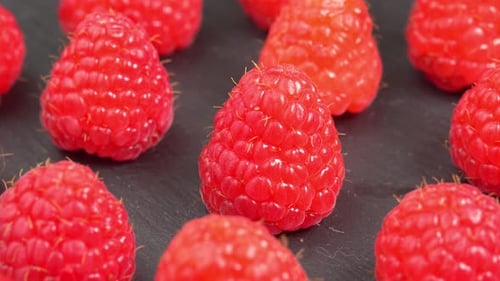 Whole raspberries spinning on black background for a restaurant, juicy raspberries for advertising