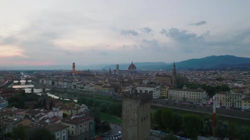Aerial Panoramic Footage of Old Town with Tourist Attractive Sights and Arno River Flowing Through