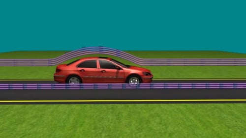 Orange sedan car drives on road with energy field technology