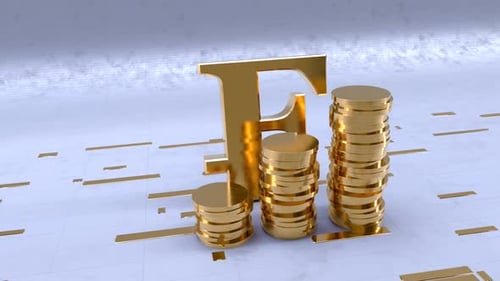 Franc Currency Symbol With Gold Coins Tower