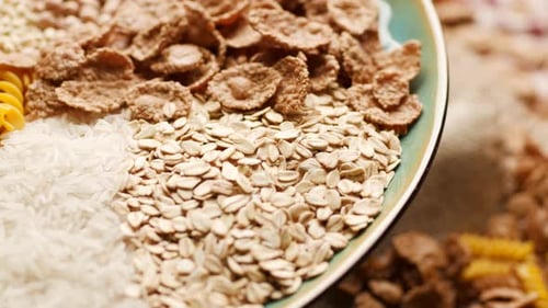 Close Up of Pasta, Rice, Oats, and Cereal