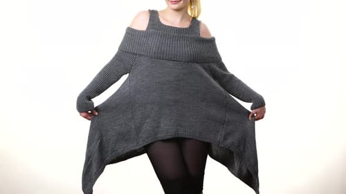 Woman Posing in Stylish Gray Sweater Dress