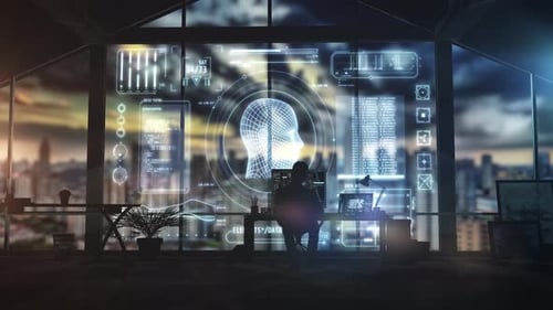 Programmer Developing Artificial Intelligence in Modern Office at Sunset