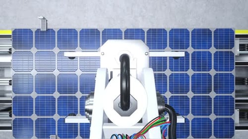 Rendu 3D d'une unité d'équipement lourd plaçant des cellules photovoltaïques sur des chaînes de montage