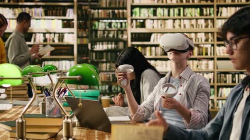 Young Woman Using VR Headset in a Busy University Library