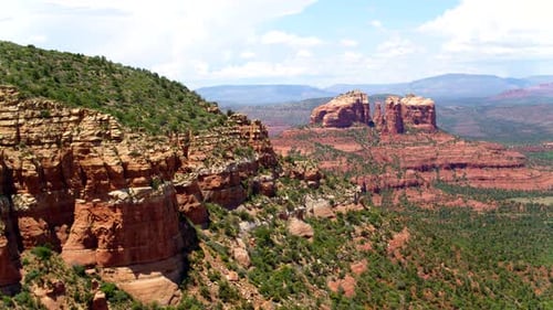 Aerial drone view of beautiful red and green cliffs in sedona Arizona