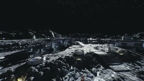 Futuristisches Mondhabitat mit sichtbarem Sternenhimmel und Weltraumaktivität