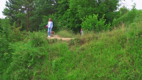 Couple of Girlfriend and Boyfriend Hiking in Mountains Walking on High Forest Hill and Watching