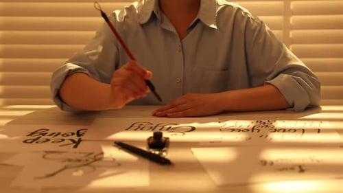 Kalligrafie. Frau mit Pinsel schreibt Wort Enjoy auf einem Blatt Papier am Tisch drinnen, Nahaufnahme