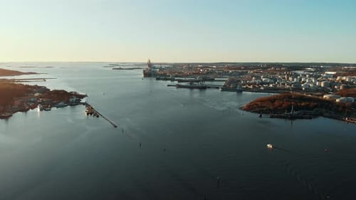 Aerial View of Inlet of the port in Gothenburg City, Sweden during the day, Dolly movement