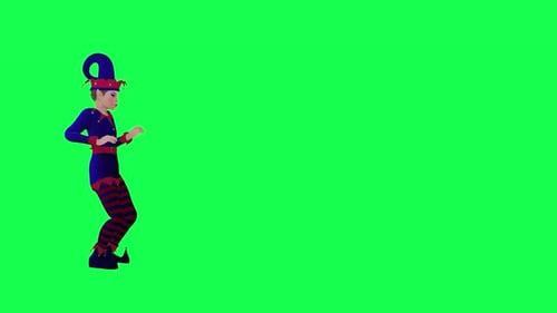 3D animated elf in blue dress finds something left angle on green screen