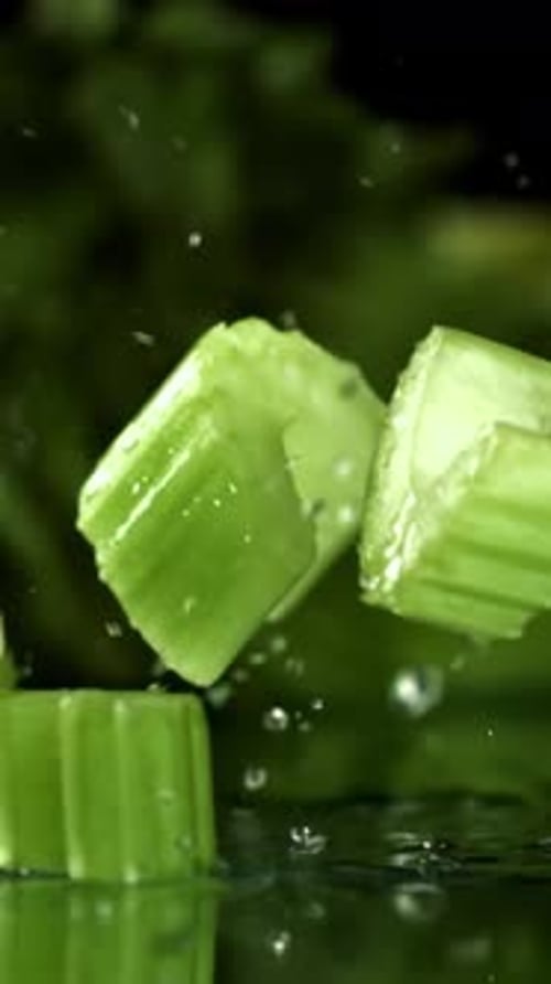 Sliced Pieces of Fresh Celery Fall on the Table Filmed on a Highspeed Camera at 1000 Fps