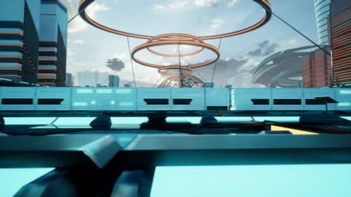 Train Maglev futuriste dans un paysage urbain moderne