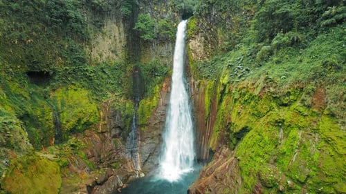 Epic powerful tall waterfall plunging into a rocky green jungle forested gorge