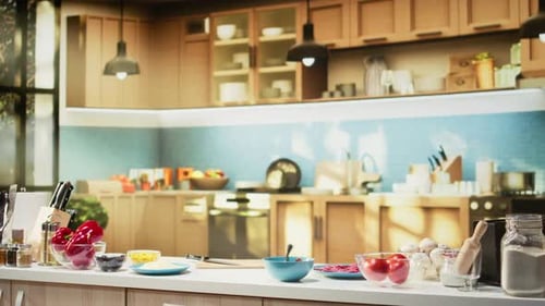 Comfortable Kitchen Setup with Pizza Ingredients on a Modern Countertop