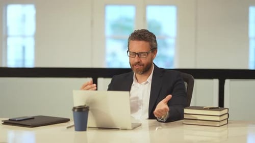 On Line Meeting Businessman Talk Online Office Worker Talk on Video Conference in Office Business