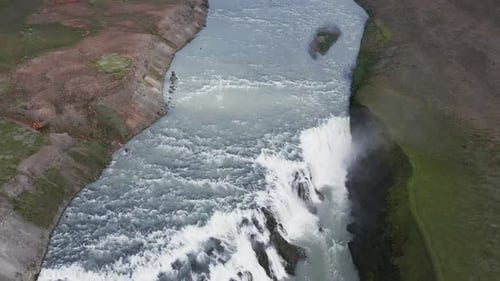 Above powerful white water rapids of Gullfoss in Iceland, tourist attraction