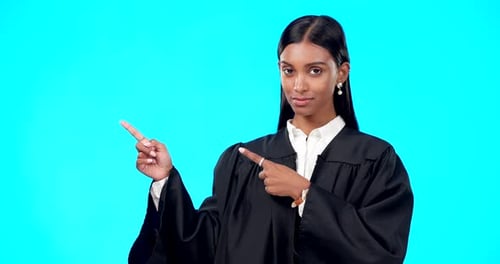 Portrait mockup or woman lawyer pointing in studio for product placement, advertising or marketing