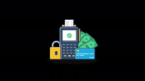 Animierter POS-Automat mit Bankkarte und Schloss. Video zum sicheren Zahlungskonzept — Transparent