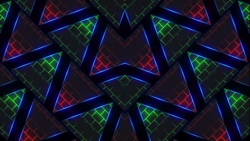 Vibrant neon geometric patterns glow with dynamic energy shifts