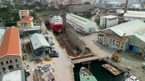 Istanbul/turkey circa 2023: Big boat during construction at a shipyard