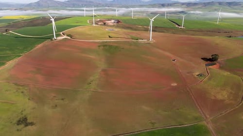 Aerial view of Overberg wind farm with green fields Western Cape, South Africa