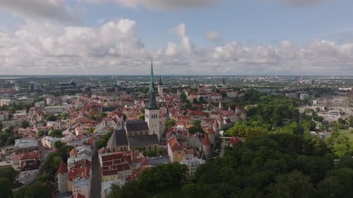 Forwards Fly Around Church Tower Aerial View of Picturesque Historic City Conservation Area Tallinn