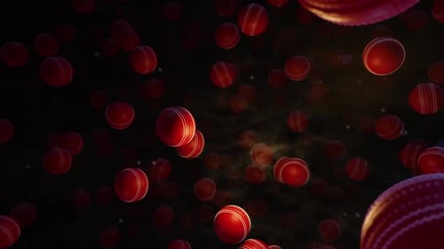 Animated Red Cricket Balls Flying On Dark Background Loop