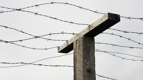 Stacheldrahtzaun auf Betonpfosten vor bewölktem Himmel